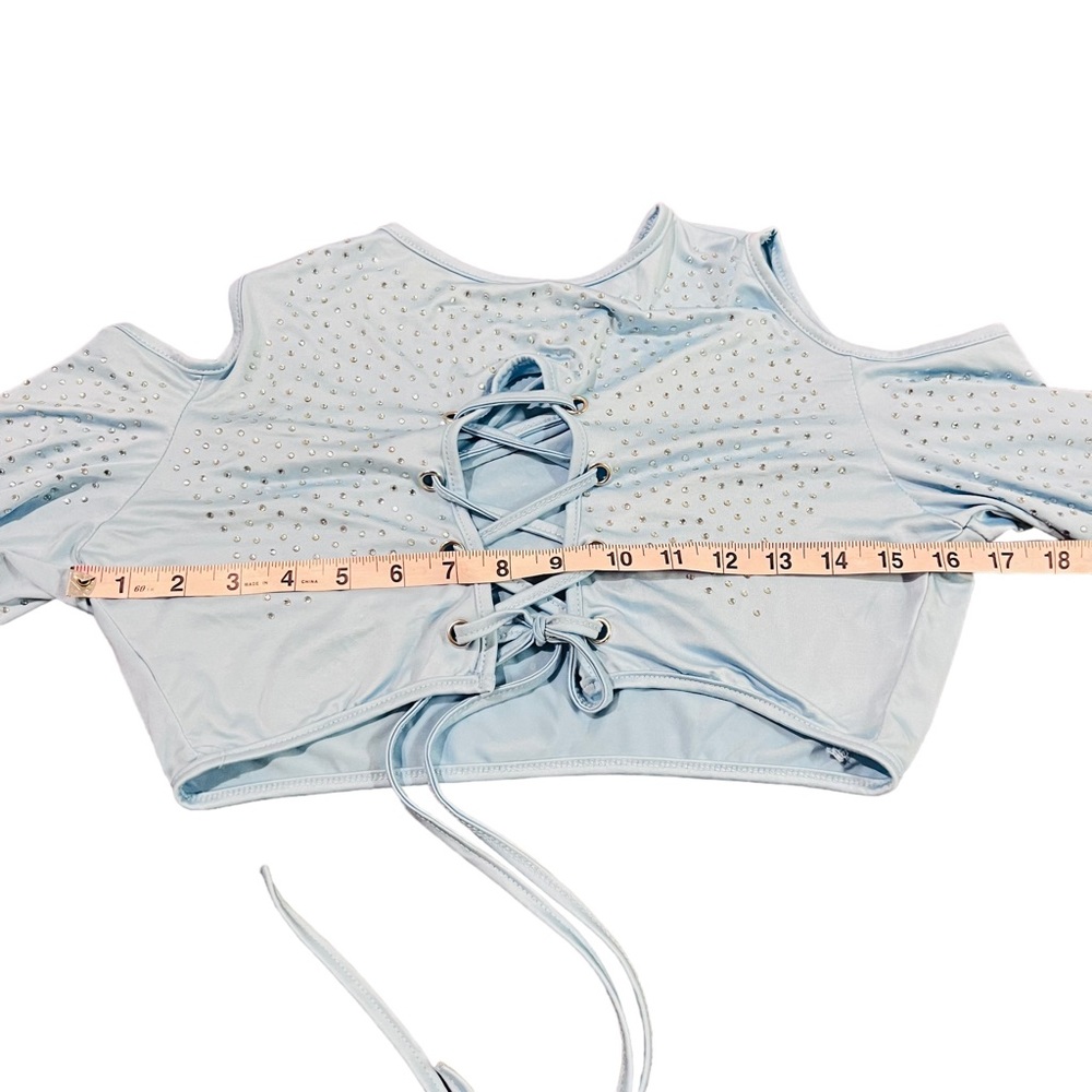 Baby Blue Rhinestone Cut Out Lace Up Long Sleeve Crop Top & Bottoms Rave Set - Picture 9 of 12